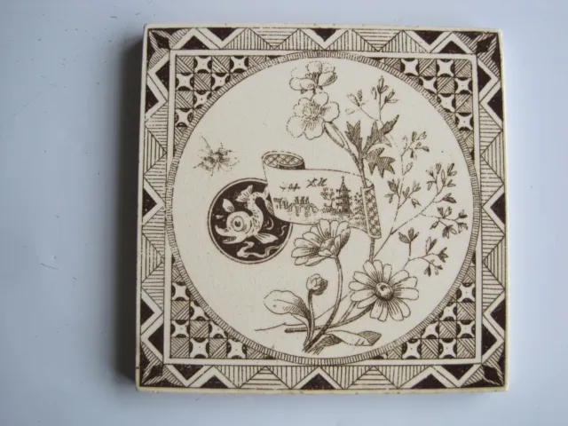 Antique Victorian 6" Minton Hollins Oriental Subjects Tile - Brown On Buff