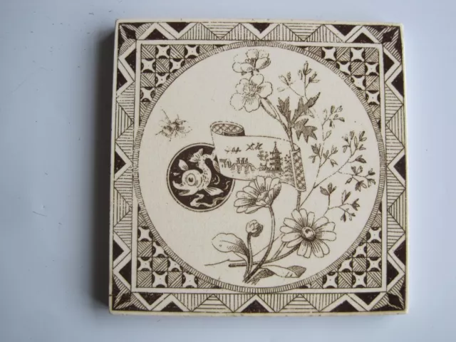 Antique Victorian 6" Minton Hollins Oriental Subjects Tile - Brown On Buff