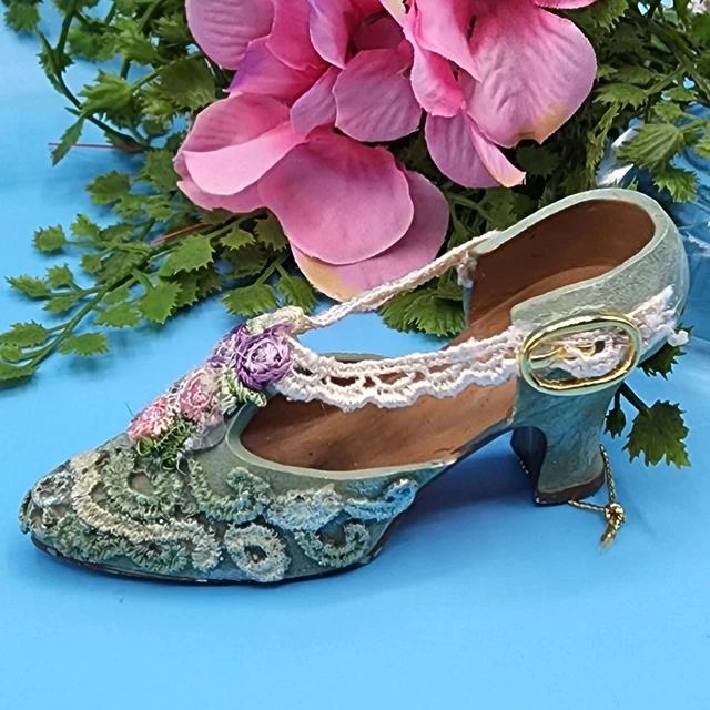 Victorian Roses High Heel Shoe OrnamentLace Mint Green Pump Cmas Bow Topper V1