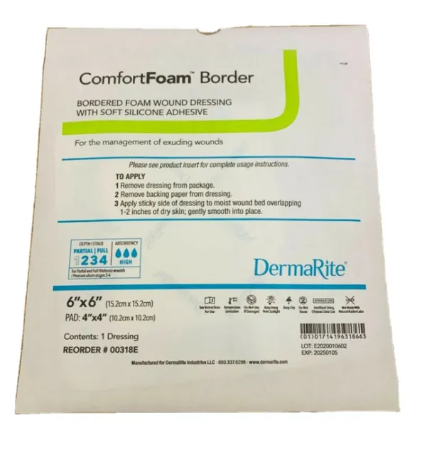 DermaRite ComfortFoam Border Silicone Wound Foam Dressing 6"x6" (1 Pc) Exp 2025