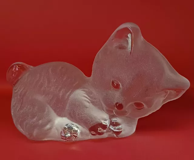 Vintage Viking Art Glass Clear Frosted Laying Down Cat Kitten Paperweight
