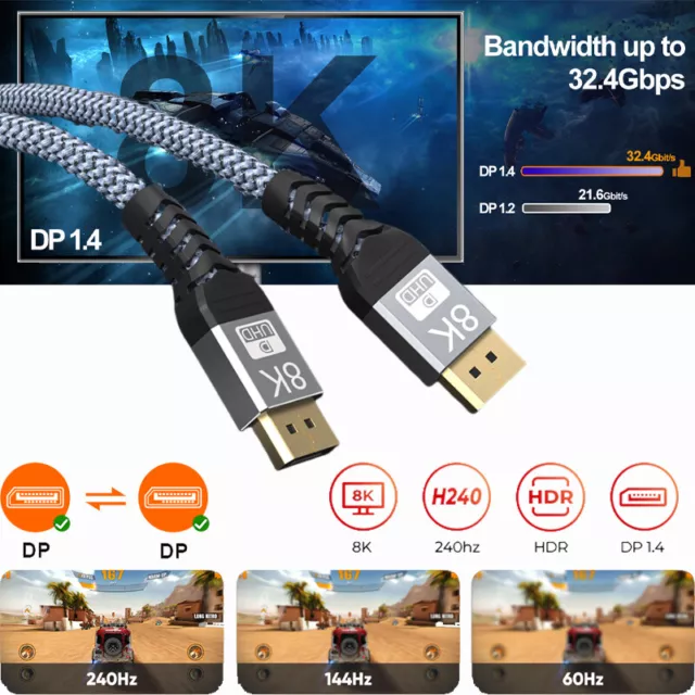 Display Port Cable 8K DP to DP Cable DisplayPort 1.4 Male to Male Cord 1M 2M 3M