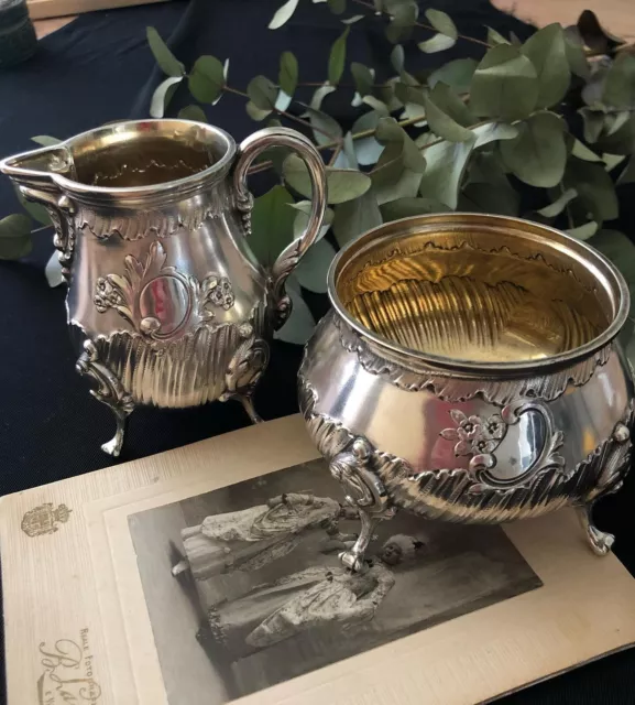 Antique Sterling Silver 800 Sugar Bowl & Milk Jug Carved Germany 19th Century
