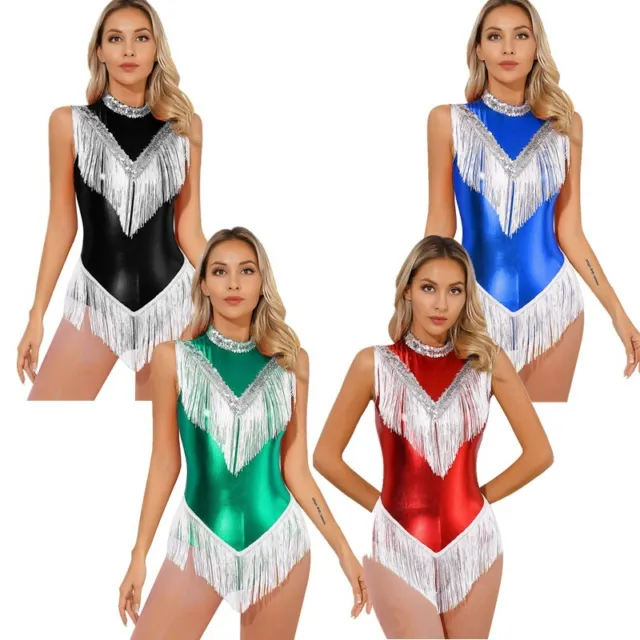 Womens Leotard Catsuit Jumpsuit Fringed Costume Shiny Metallic Dancewear Dance