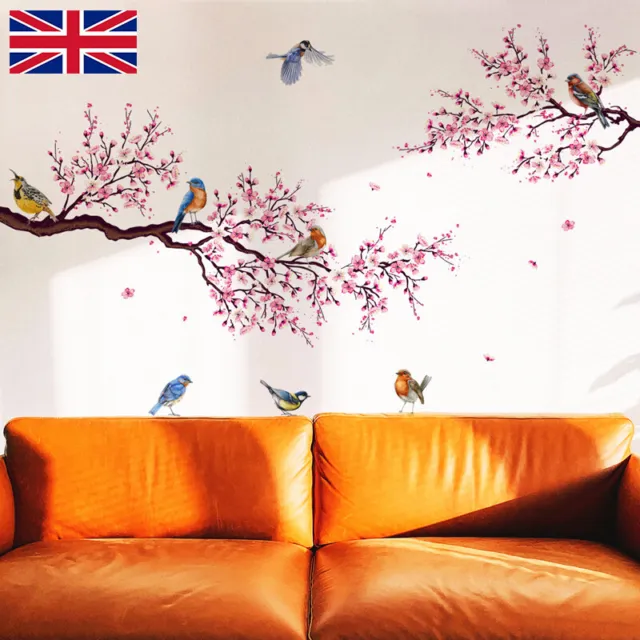 Pink Cherry Blossom Branch Wall Stickers Flower Bird Tree Wall Decals Removable