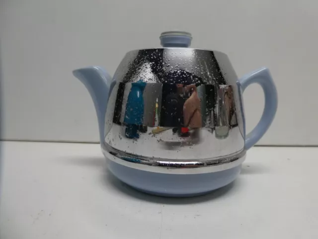 Art Deco Blue Pottery Heatmaster Pottery Milk Jug Chrome Metal Cover- Teapot Set