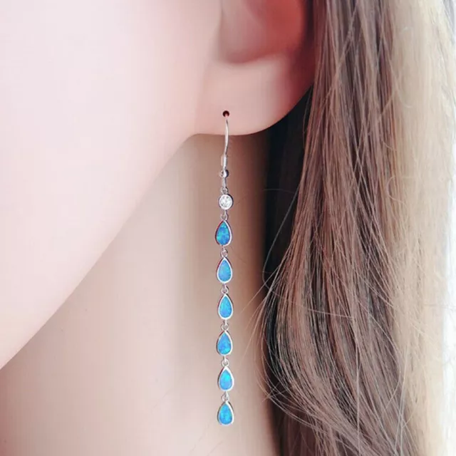 Fashion Silver Blue Fire Opal Water Drop Long Dangle Earrings Women Jewelry