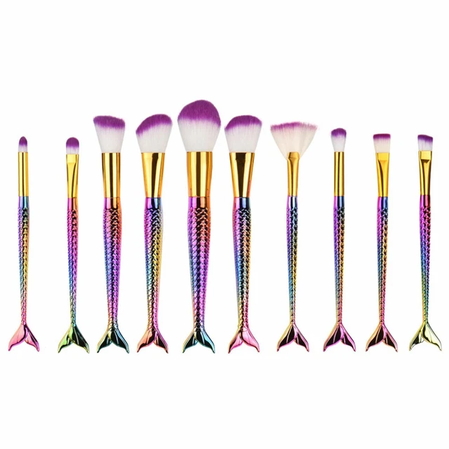 10 Pezzi Mermaid Tail Make up Brushes Set Arcobaleno Fondotinta Fard Cipria Viso