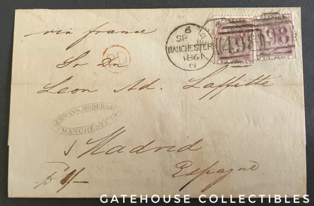 GB QV SG68 6d Lilac x 2 on Wrapper, a FINE 1861 Cover from Manchester to Madrid!