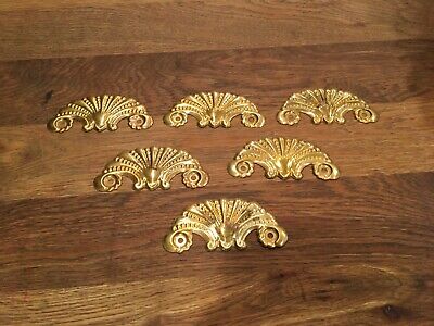 VTG Set of (6) Ornate Stamped Brass BEADED SCROLL FAN Drawer Backplates