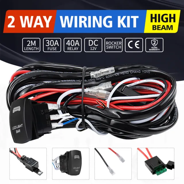 2-Way Wiring Loom Harness Kit 12V Relay Rocker Switch 30A Fuse For LED Light Bar