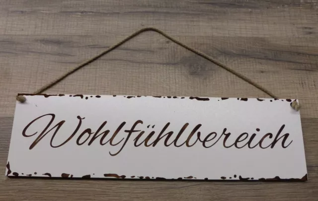 Wohlfühlbereich Schild Shabby Chic Deko Gravur Hängeschild weiß ca 28 x 8 cm