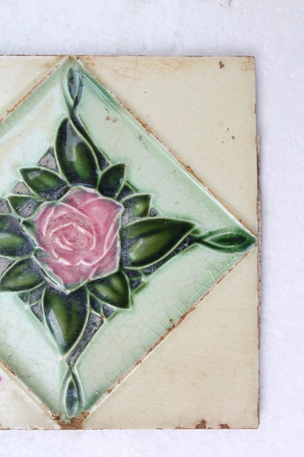 Antique Rose Flower Engrave Nouveau Art Majolica Ceramic Tiles Japan Made NH3131 8