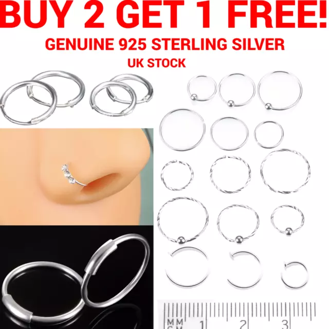 Sterling Silver Nose Ring Hoop Thin Tragus Helix Ear Lip Septum Piercing Twisted