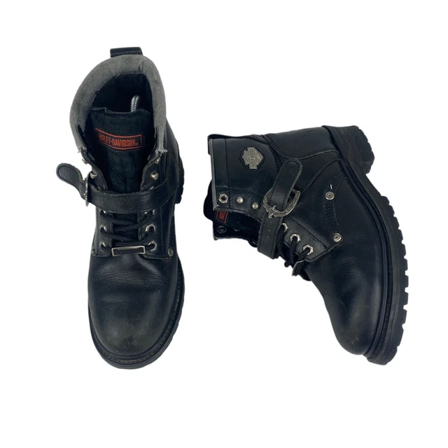 Harley Davidson Biker Black Leather Ankle Boots Size 10 US Steel Toe Chunky Boot