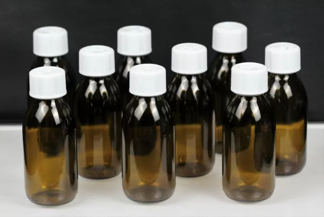Lot of (9) Bormioli Pharma Amber Glass 150ml Storage Bottles & Caps, Laboratory