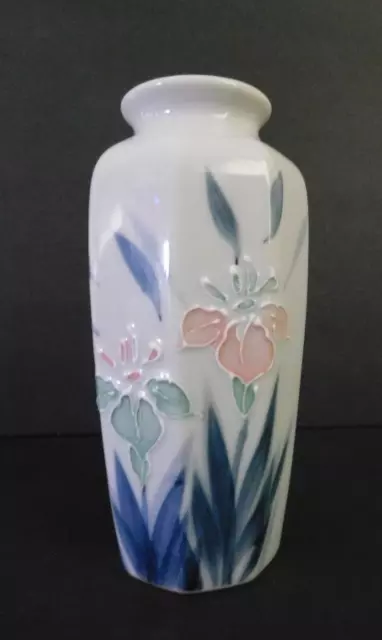 Vintage Otagiri Embossed Pastel Pink Iris White Octagon Porcelain Vase Japan