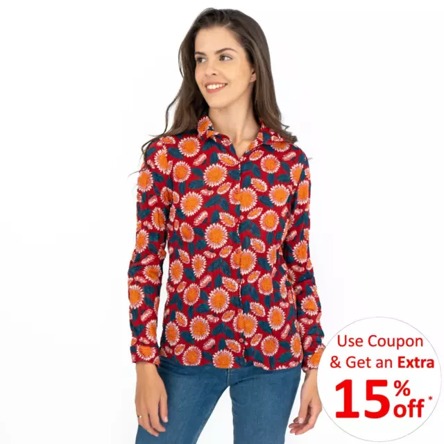 Seasalt Womens Larissa Shirt Red Daisies Floral Button-Up Cotton Long Sleeve