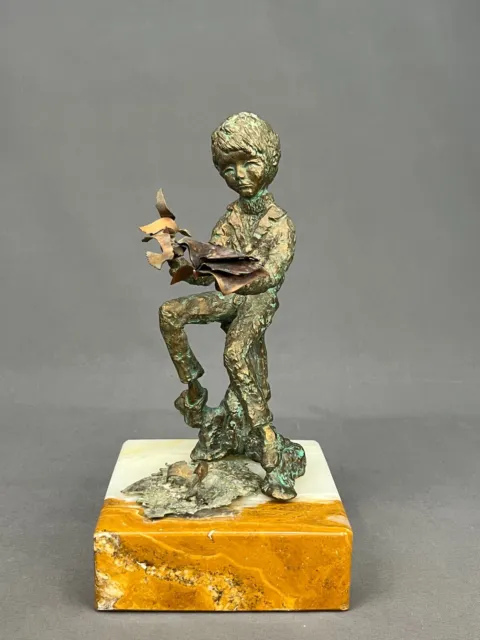 Mid-Century Bijan Brutalist 10 ¾” Bronze Sculpture Boy Reading with Seagulls