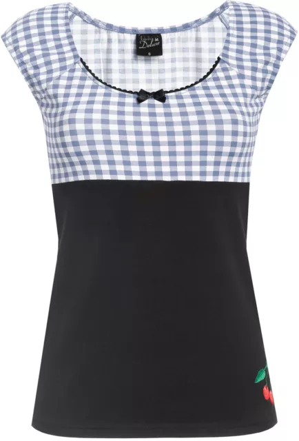 Pussy Deluxe EVIE 50s KARO GINGHAM Cherry SHIRT Oberteil Hellblau Rockabilly