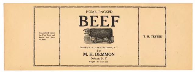 Original Tin Can Label Vintage 1910 Primative Beef Steer Delevan Demmon New York