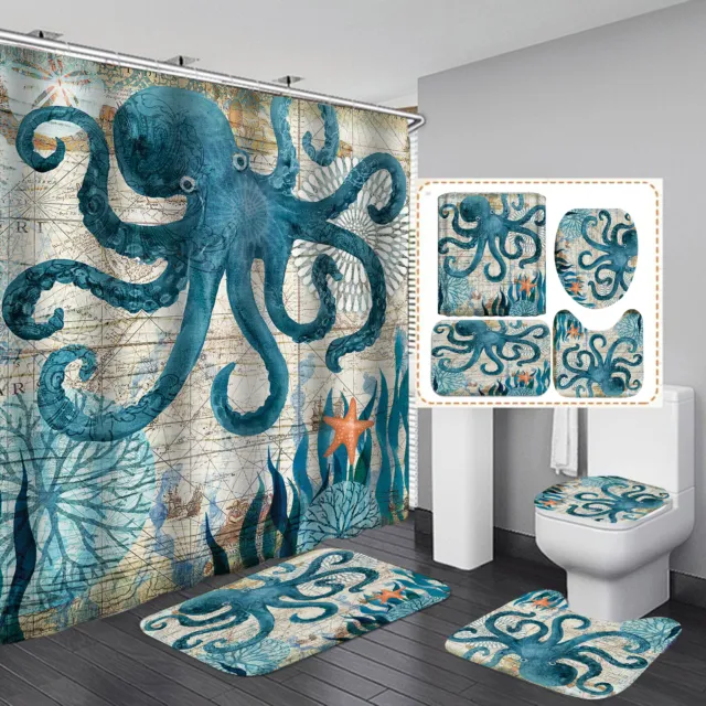 Octopus Marine Animal Shower Curtain Floor Mat Toilet Lid Cover Bathroom Rugs