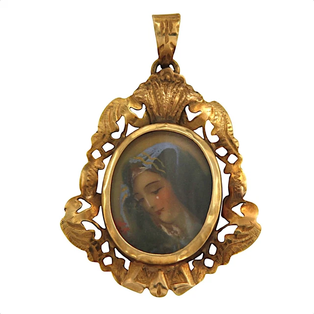 Pendentif Vintage En Or Jaune 18 Carats (750) - Madonnina Avec émail, Origine Italie