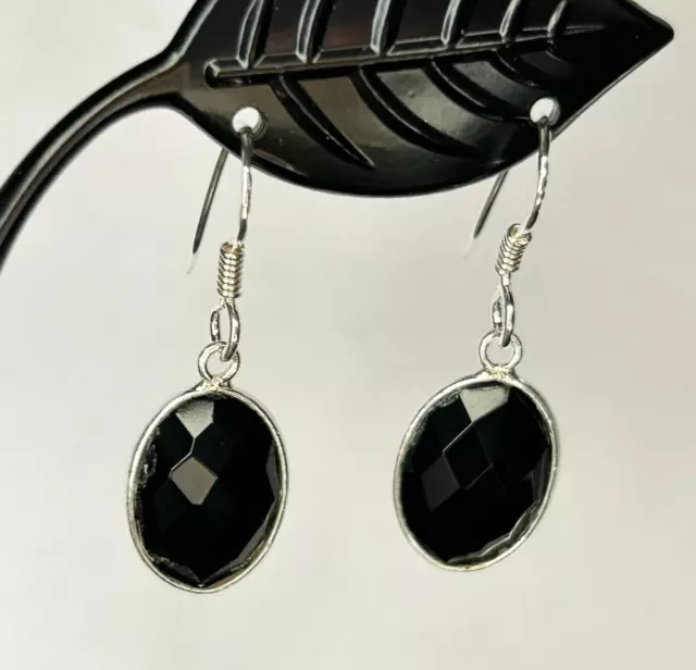 925 Sterling Silver Black Onyx Earrings Gemstones Drop Round Oval Faceted Dangle