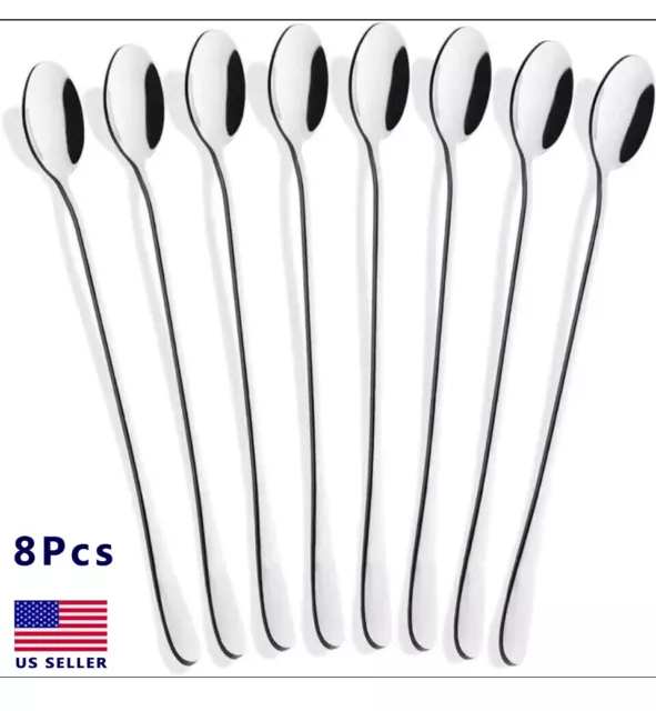 8PCS Long Stainless Steel Ice Cream Cocktail Teaspoons Coffee Soup Tea Spoons