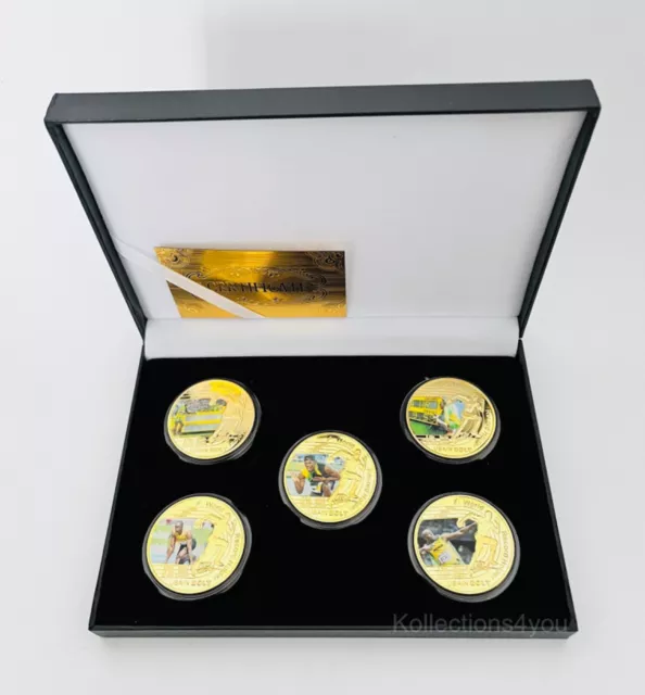 Usain Bolt 5 Gold Plated Coins, World Fasted Man - Olympic Champion Gold Medals