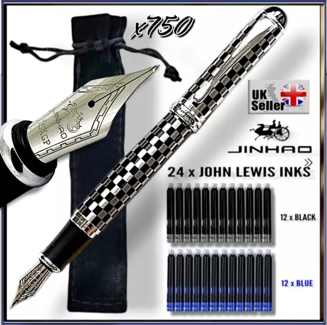 Jinhao fountain pen checkerboard x750 medium nib + 24 John Lewis Ink + pen pouch