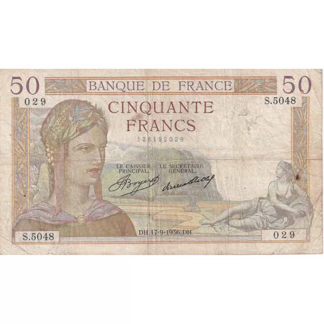 [#195680] France, 50 Francs, Cérès, 1936, TB+, Fayette:17.30, KM:81