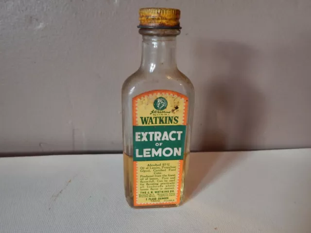 Vintage J.R. WATKINS Extract of Lemon 2 Fl. Oz Glass Bottle w/Paper Label~#2