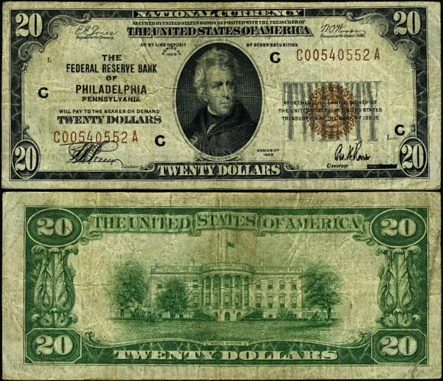 FR. 1870 C $20 1929 Federal Reserve Bank Note Philadelphia C-A Block Fine+ Great