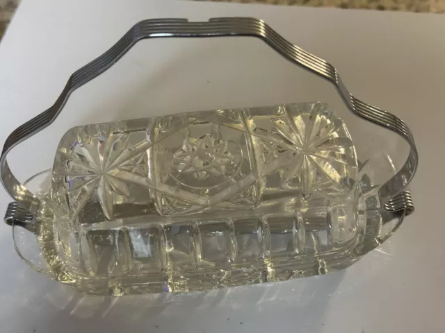 Vintage Clear Heavy Cut Glass Butter Dish - Floral  & Star Pattern - 2 Piece