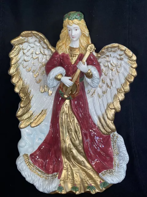 13” Christmas Angel Wall Hanging or Plate Red Gold Holly Mandolin