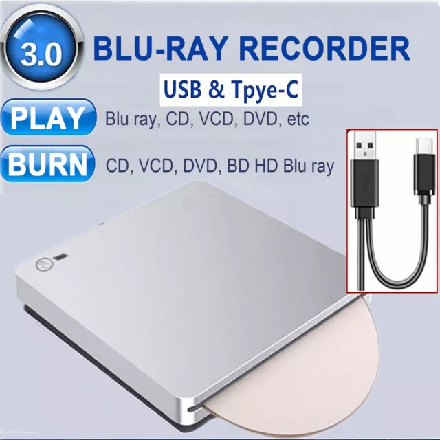 Blu ray BD Burner External USB Slot In DVD RW CD Writer Portable Drive SilverAUS