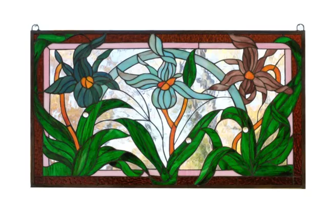 34.75"L x 20.5"H Handcrafted stained glass window panel Iris Flowers