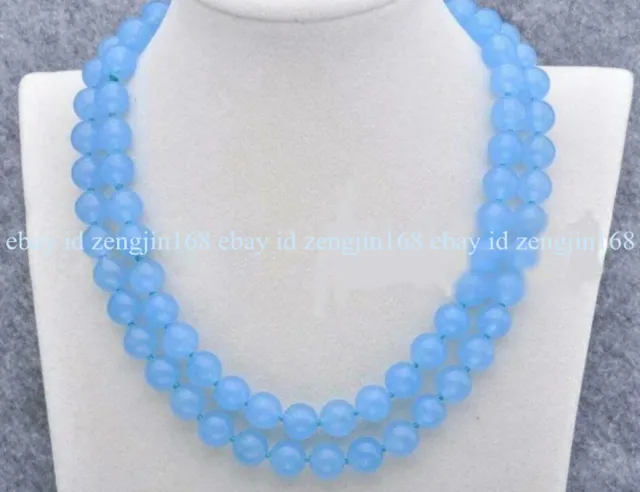 Natural 6/8/10/12mm Blue Chalcedony Gemstone Beads Round Necklace 36'' AAA