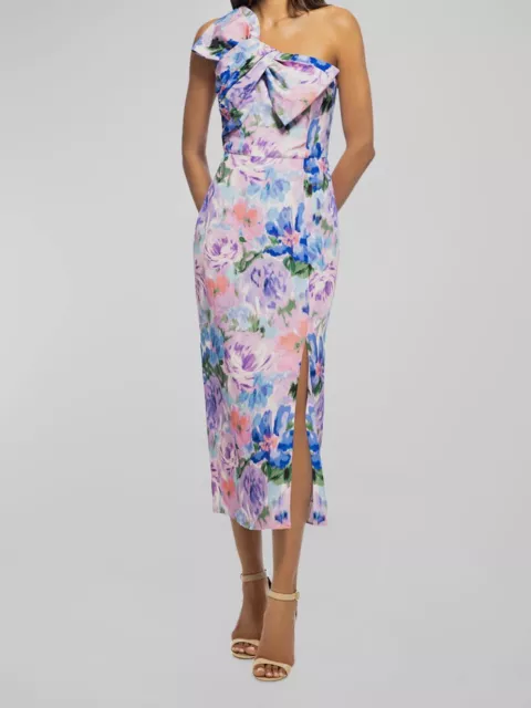 $576 Shoshanna Womens Purple One-Shoulder Bow-Front Floral-Print Midi Dress Sz 4