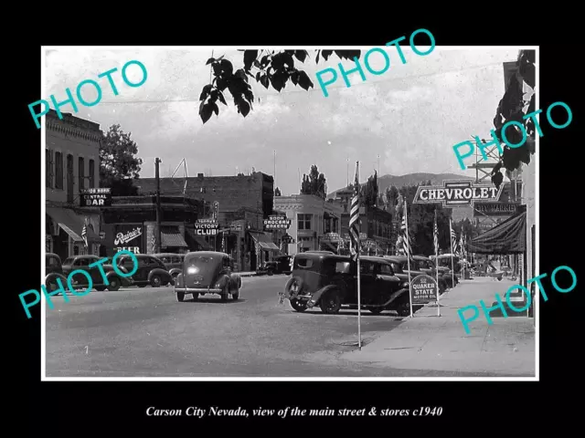 OLD LARGE HISTORIC PHOTO OF CARSON CITY NEVADA VIEW OF MAIN St & STORES c1940