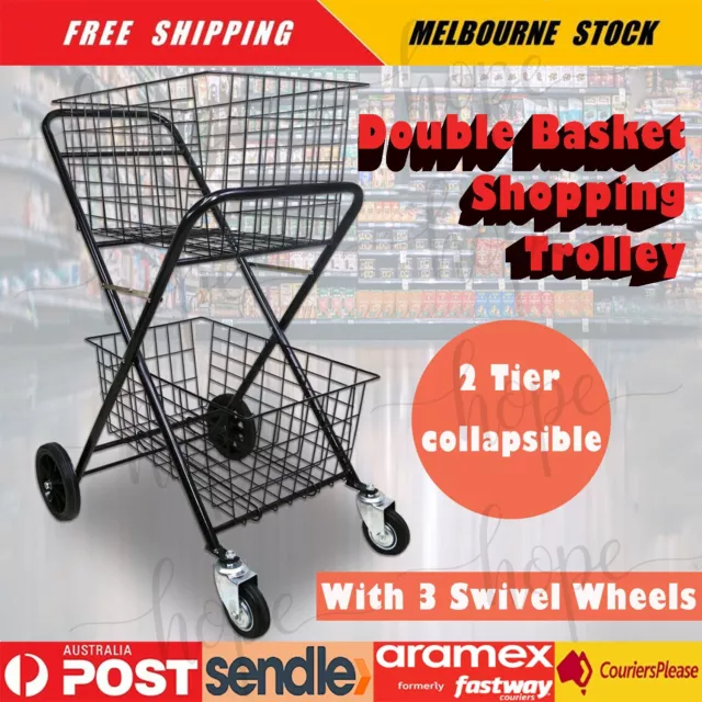 Shopping Trolley Collapsible Folding Tennis Ball Cart Double Basket 2 Tier