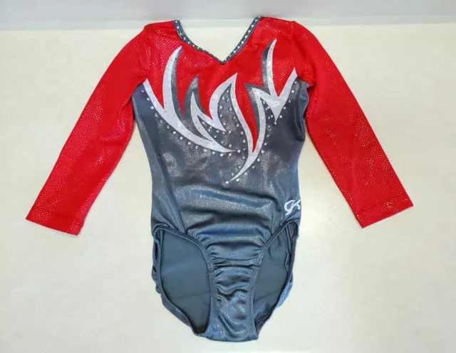 COMPETITION GK Elite gymnastics Leotard AS Small 3/4 sleeve Red Gray RHINESTONES