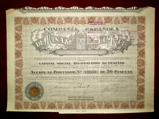 Minas del Rif,Share certificate 1928  Spain     VG