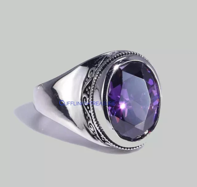 Natural Amethyst Gemstone with 925 Sterling Silver Ring For Men's #C432