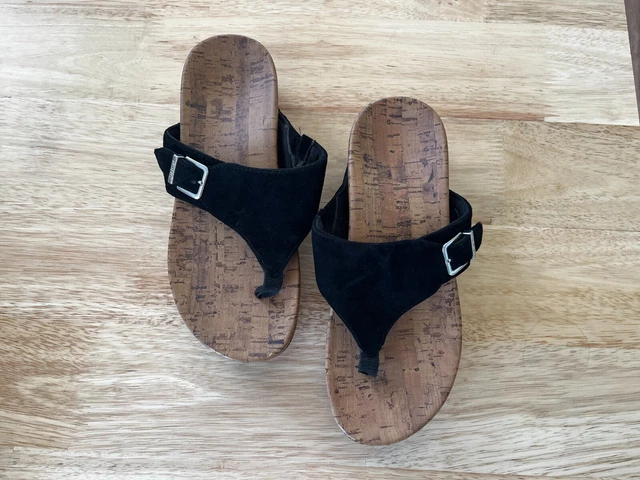 Vionic Marbella Women's Size 6 Thong Buckle Black Suede Cork Wedge Heel Sandals