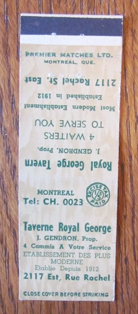 Canadian Tax Stamp Matchbook Cover:  Taverne Royal Gorge Montreal 1946-49 -D30