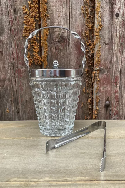 Vintage Retro Glass And Stainless Steel Ice Bucket With Lid And Tongs