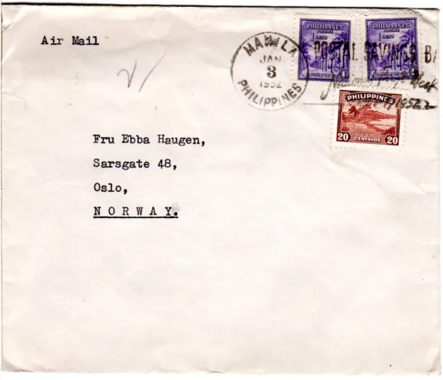 Philippinen 1952, 20+2x1 C. auf Luftpost Brief v. Manila n. Norwegen.