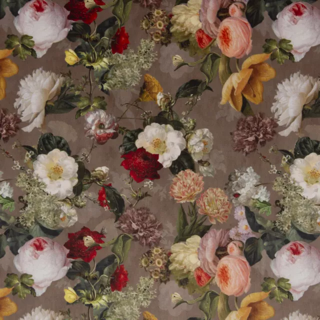 Samtstoff Dekostoff Velvet Samt Digitaldruck Vintage Rosen Blumen braun 1,40m